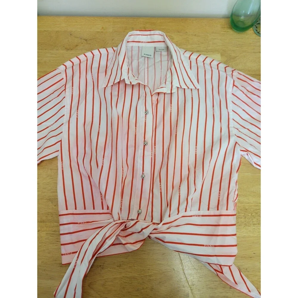 PINKO Pink Red Striped Cotton Collared Short Sleeve Button-Up Tie Front Lux 6